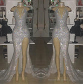 2025 Sexy Silver Halter V-neck Side Split Sequins Prom Dresses